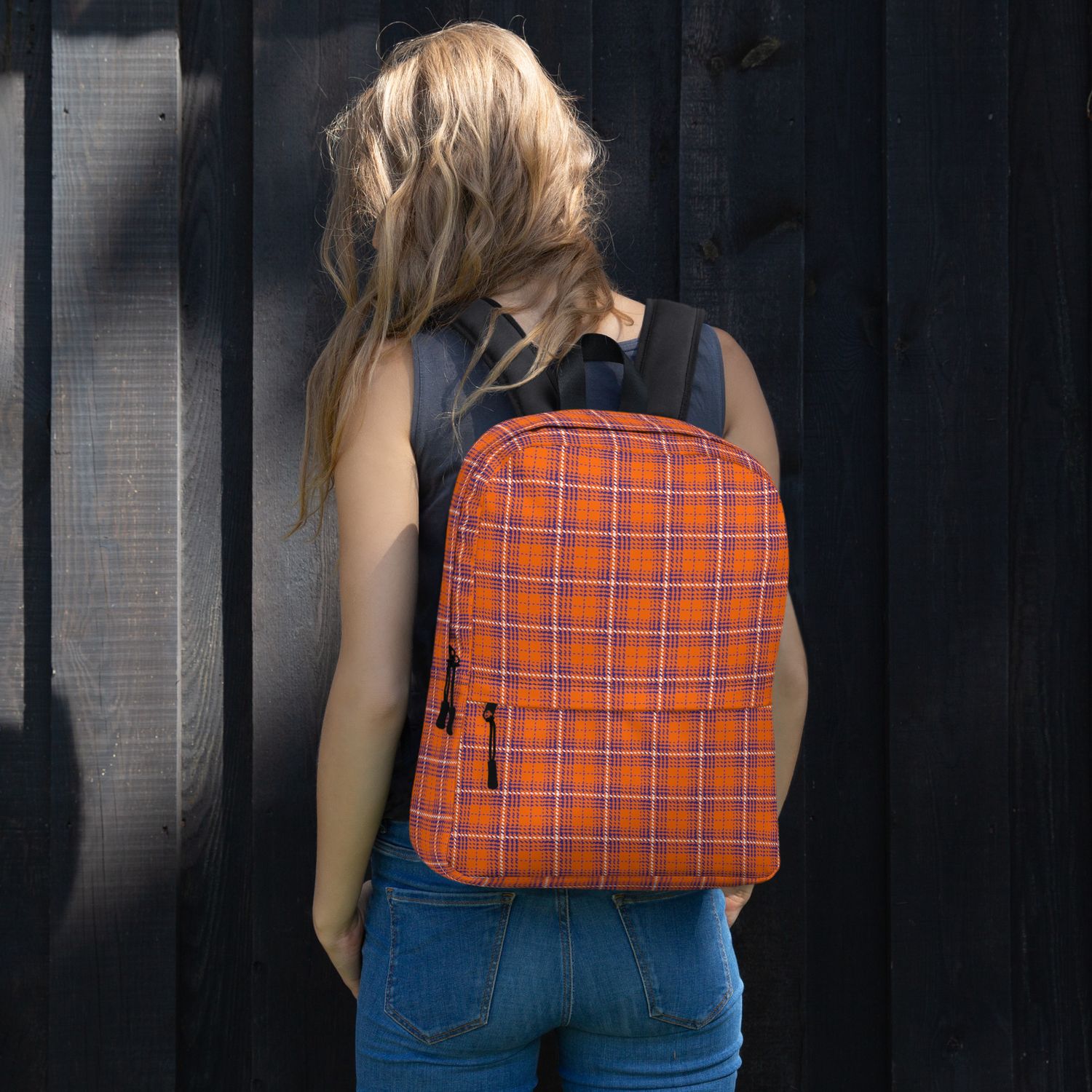 Orange and Purple Plaid Dark Backpack