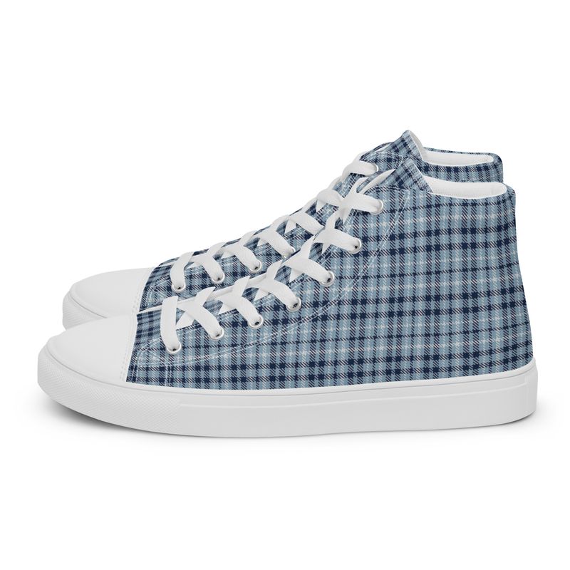Light Blue and Navy Plaid Women&#39;s High Top Canvas Shoes