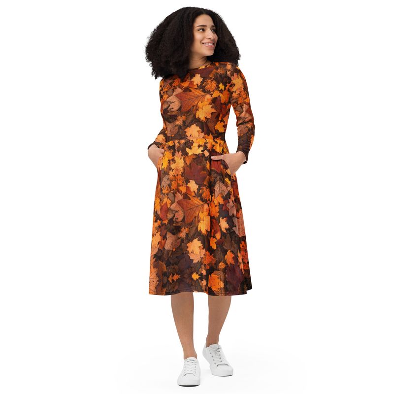 Fall Leaves Long Sleeve Midi Dress