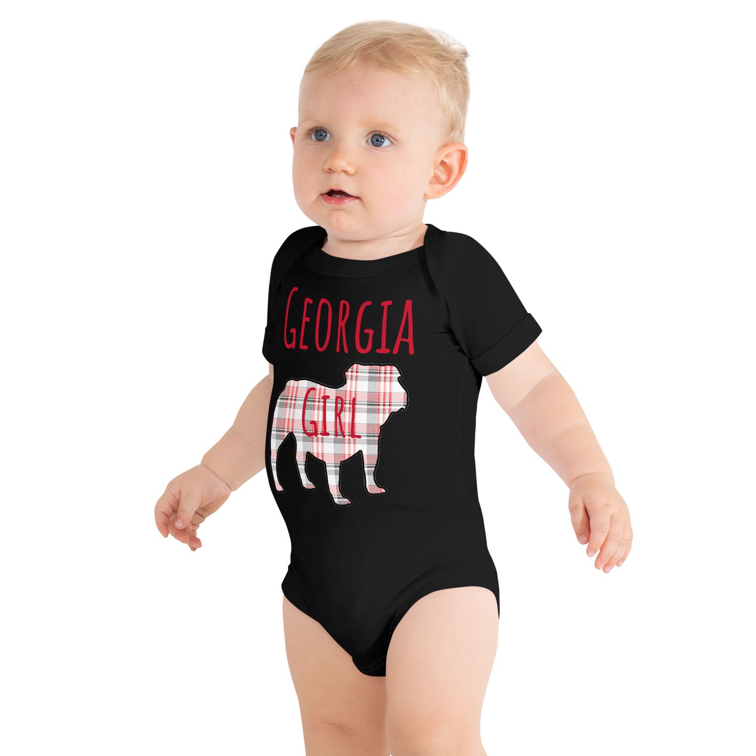 Georgia Girl (Bulldog) Red Text Front Only Baby short sleeve one piece