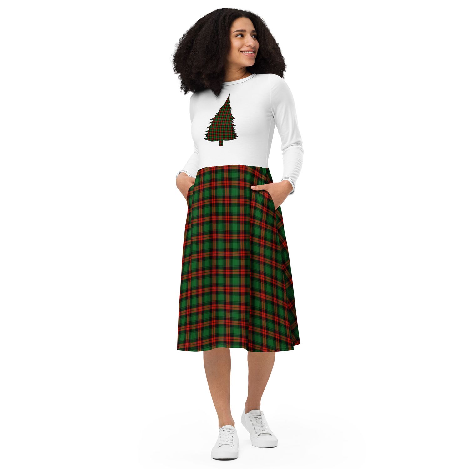 Plaid Tree long sleeve midi dress