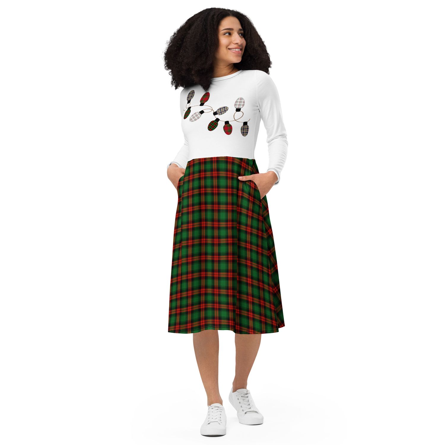 Plaid Bulbs long sleeve midi dress