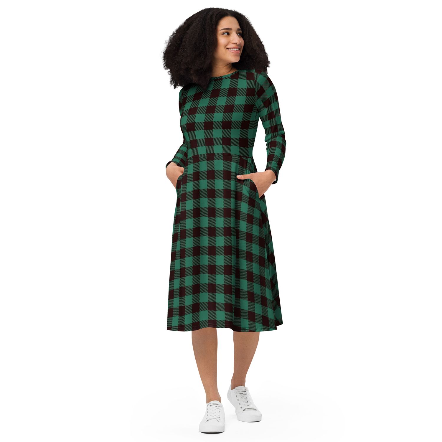 Green Buffalo Plaid long sleeve midi dress