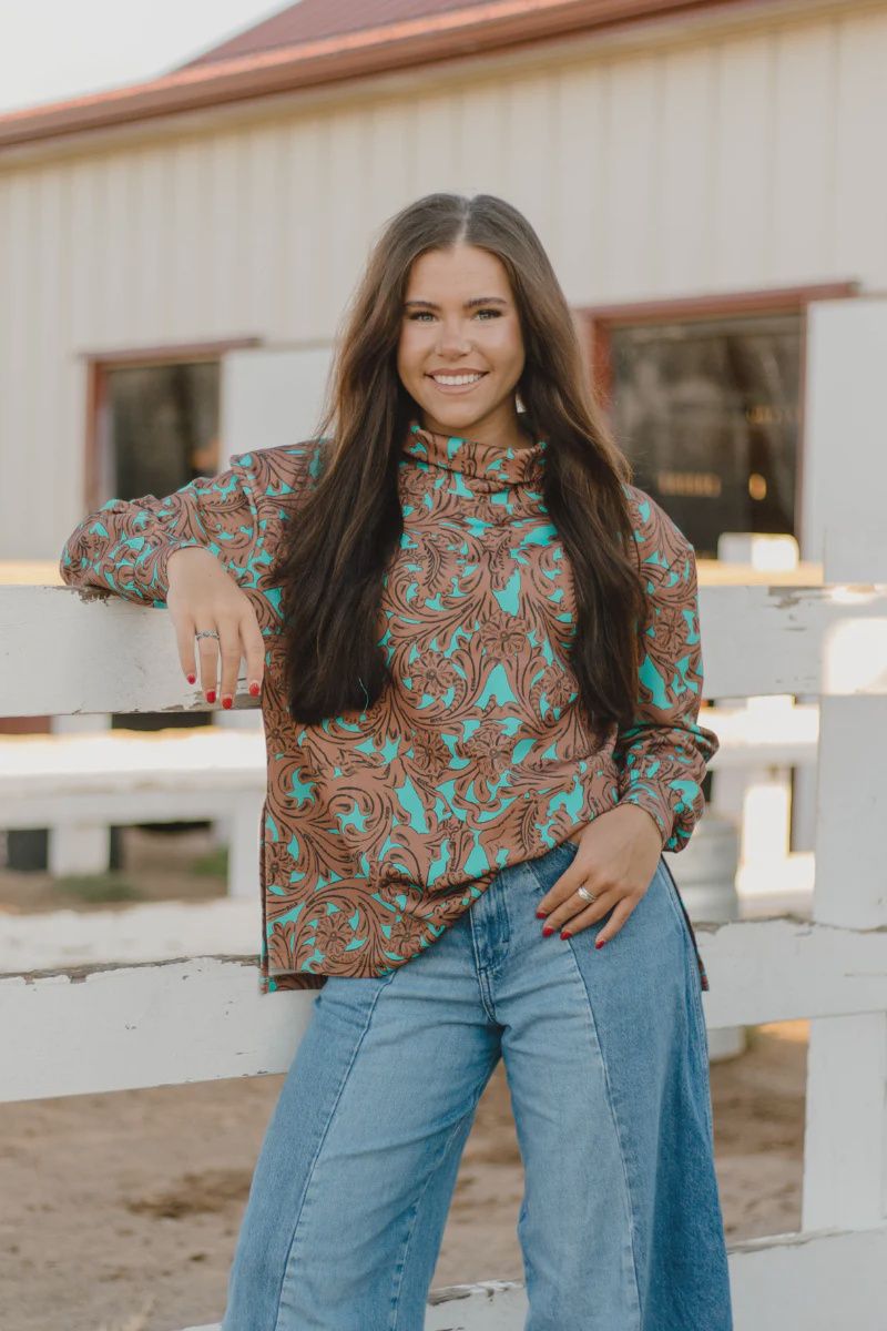 Turquoise Tooled Mock Turtleneck Sweatshirt