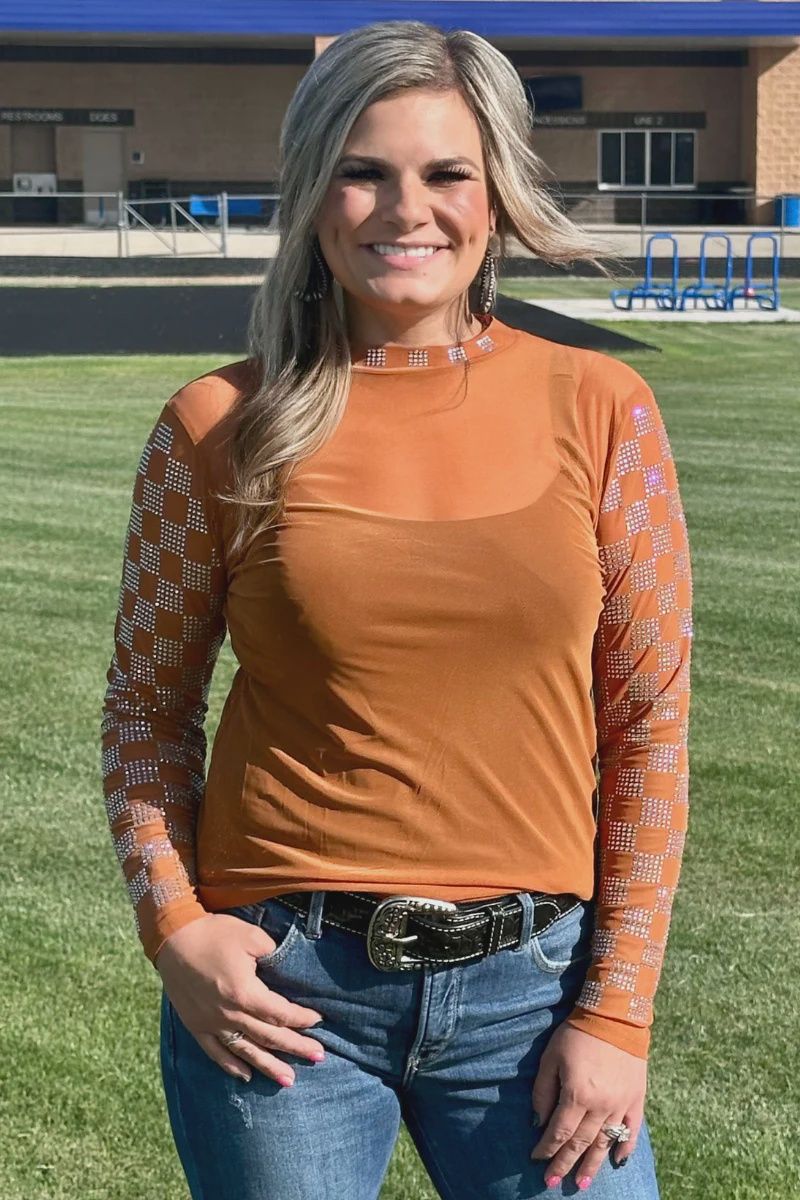 Checked in Burnt Orange Mesh Top