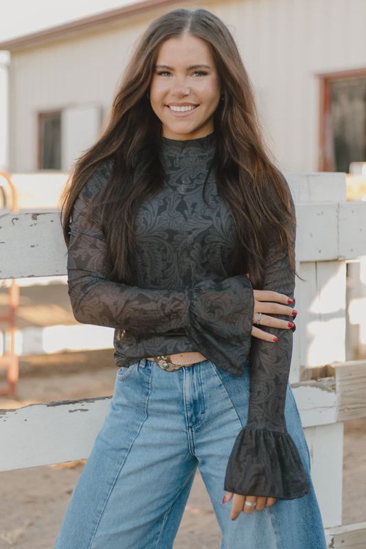 Tooled in Black Mesh Top