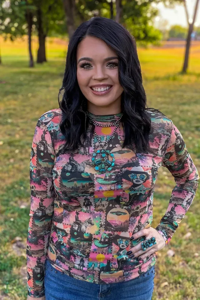 Cosmic Cowgirl Long Sleeve Mesh Top