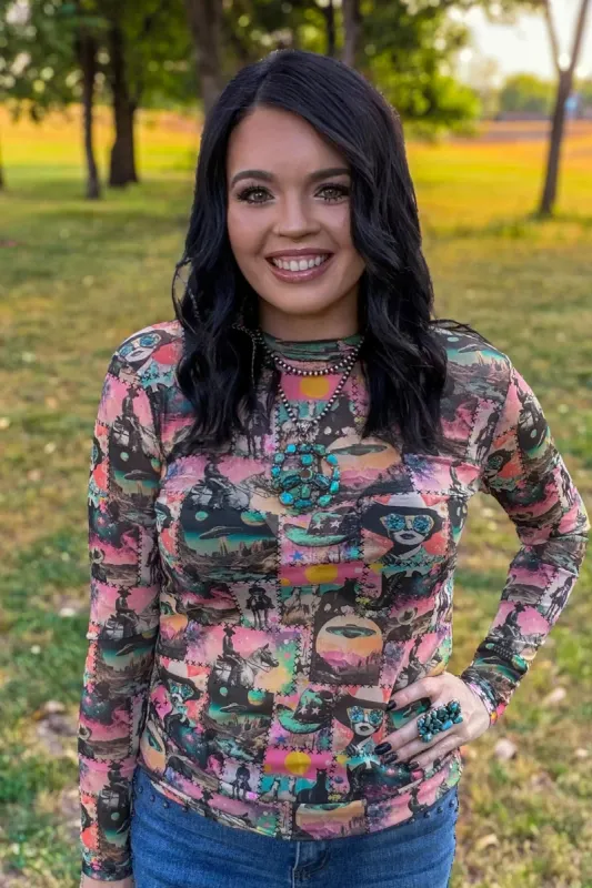 Cosmic Cowgirl Long Sleeve Mesh Top