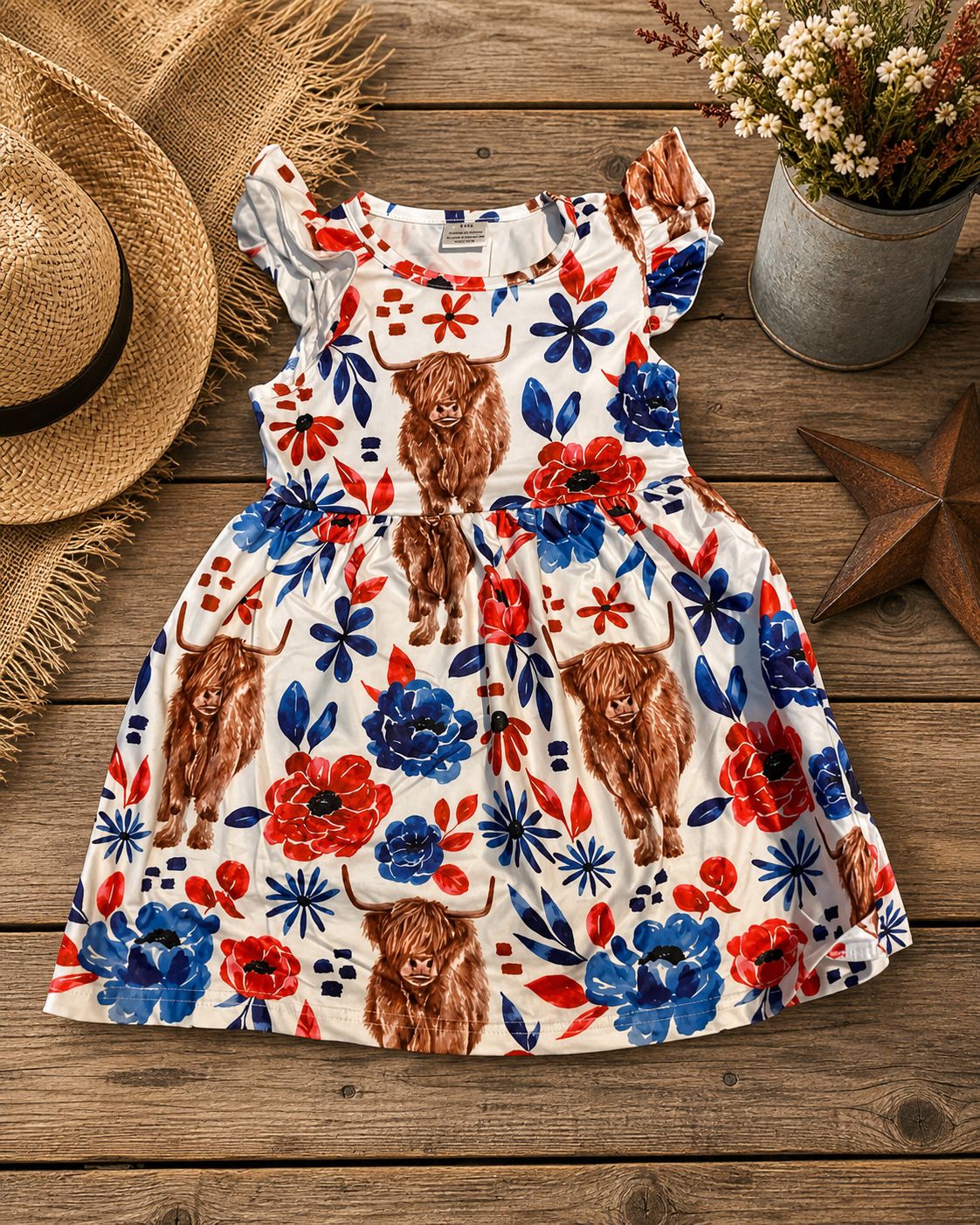 Girls' Highland Cow &amp; Floral Dress – Size 3–4Y