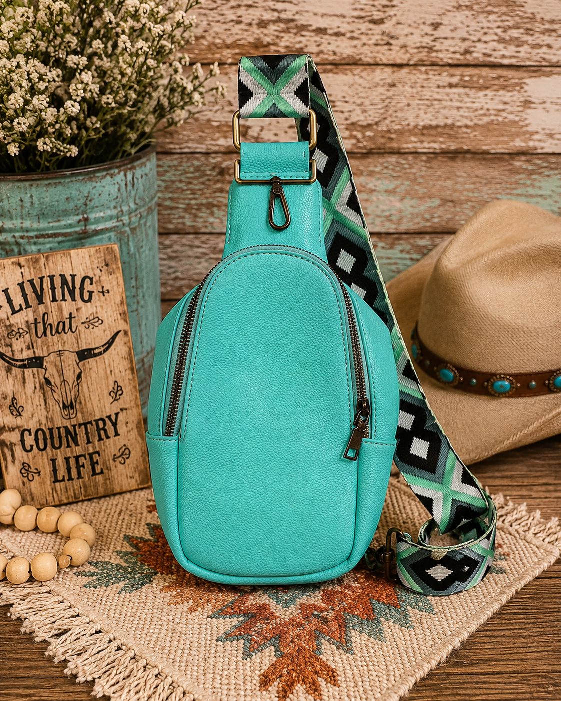 Turquoise Cowgirl Aztec Sling Bag --Mint &amp; Black Strap