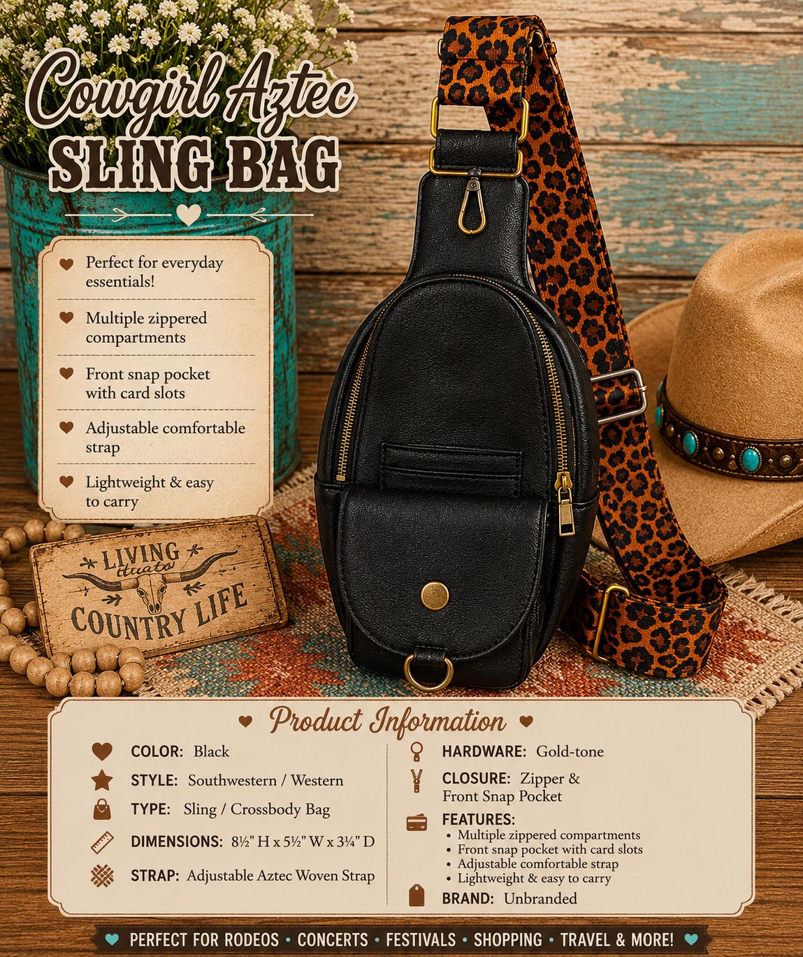 🤠  Cowgirl Black  Aztec Sling Bag