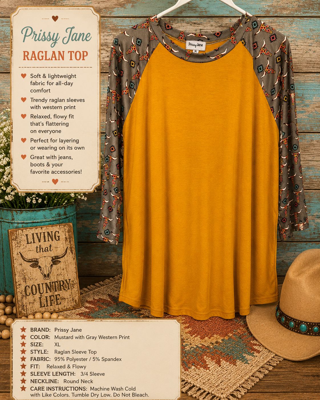 🤎 Prissy Jane Western Print Raglan Top