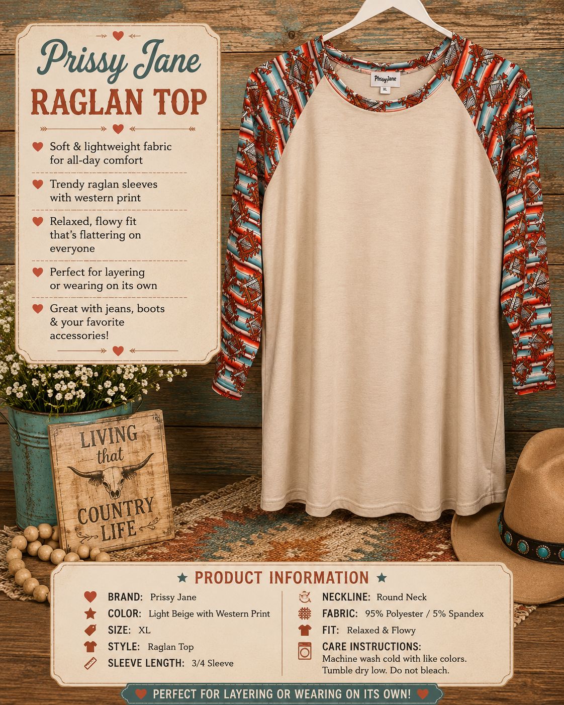 Prissy Jane Western Raglan Top - Beige