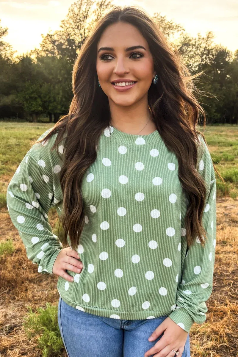 Dotty Darling Sweater Top - Sage Green
