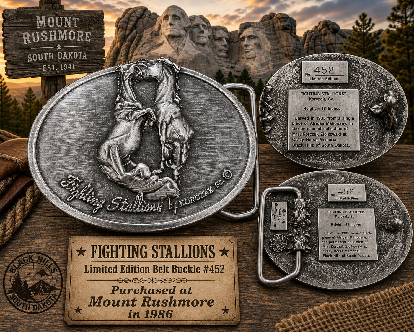Vintage 1986 Fighting Stallions Limited Edition Belt Buckle #452 – Mount Rushmore – Korczak Ziolkowski