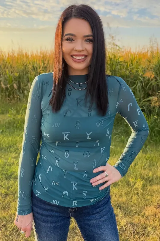 Branded Turquoise Velvet Mesh Top