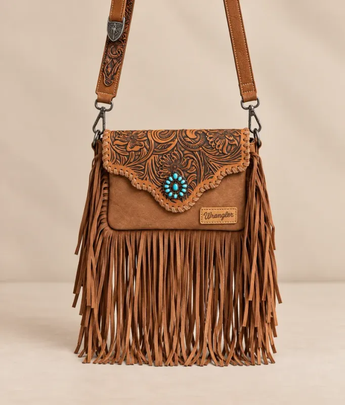 Wrangler Genuine Leather Tooled Fringe Crossbody Bag
