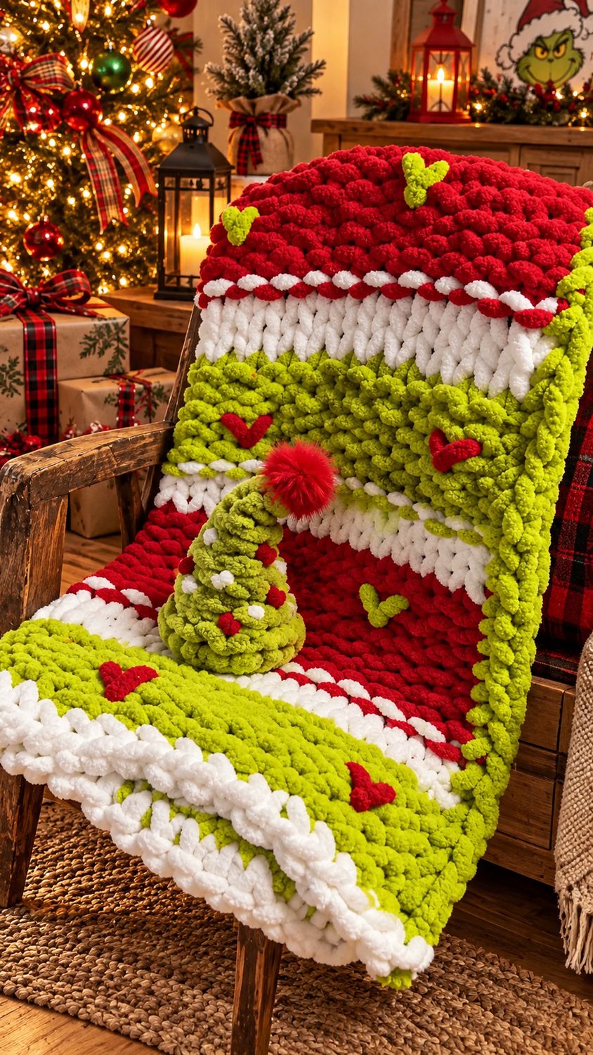 💚❤️ Grinchmas Chunky Yarn Blanket &amp; Matching Grinchy Set🎄