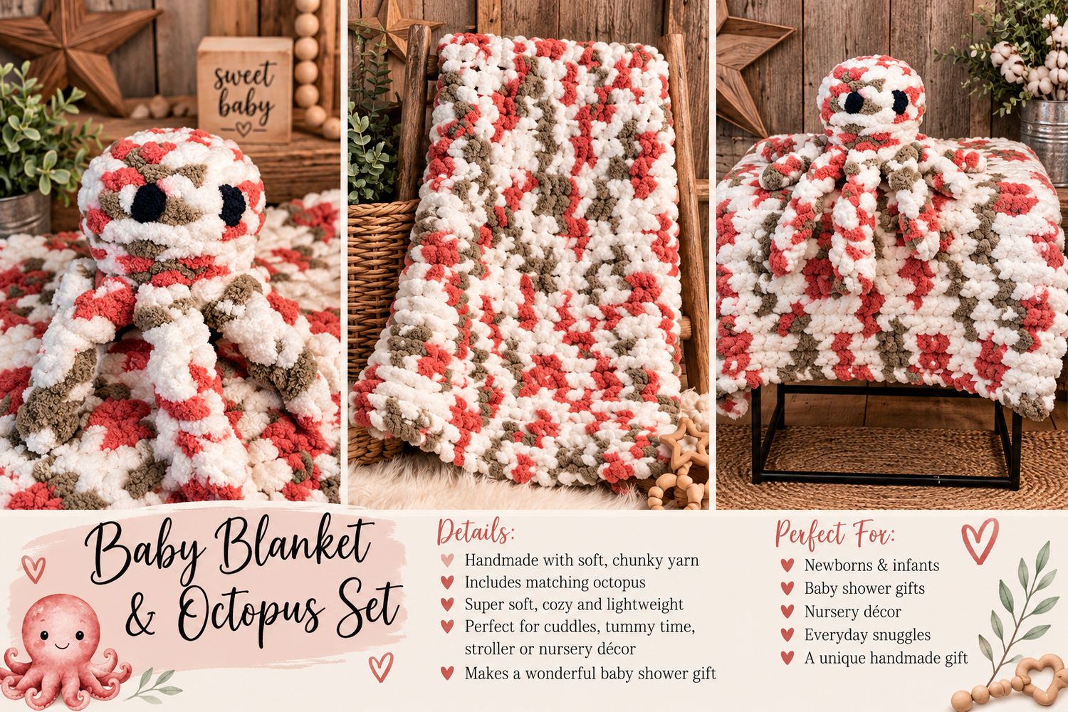 HANDMADE CHUNKY YARN BABY BLANKET &amp; MATCHING OCTOPUS!