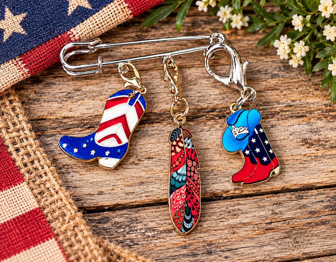 🤠 Patriotic Cowgirl Charm Brooch – Red, White &amp; Blue!