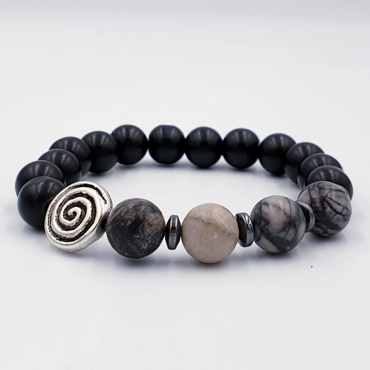Matt Black Agate &amp; Black Webbed Picasso Jasper 10mm CoL