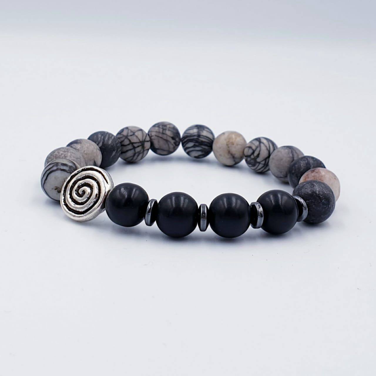 Black Webbed Picasso Jasper &amp; Matt Black Agate 10mm CoL