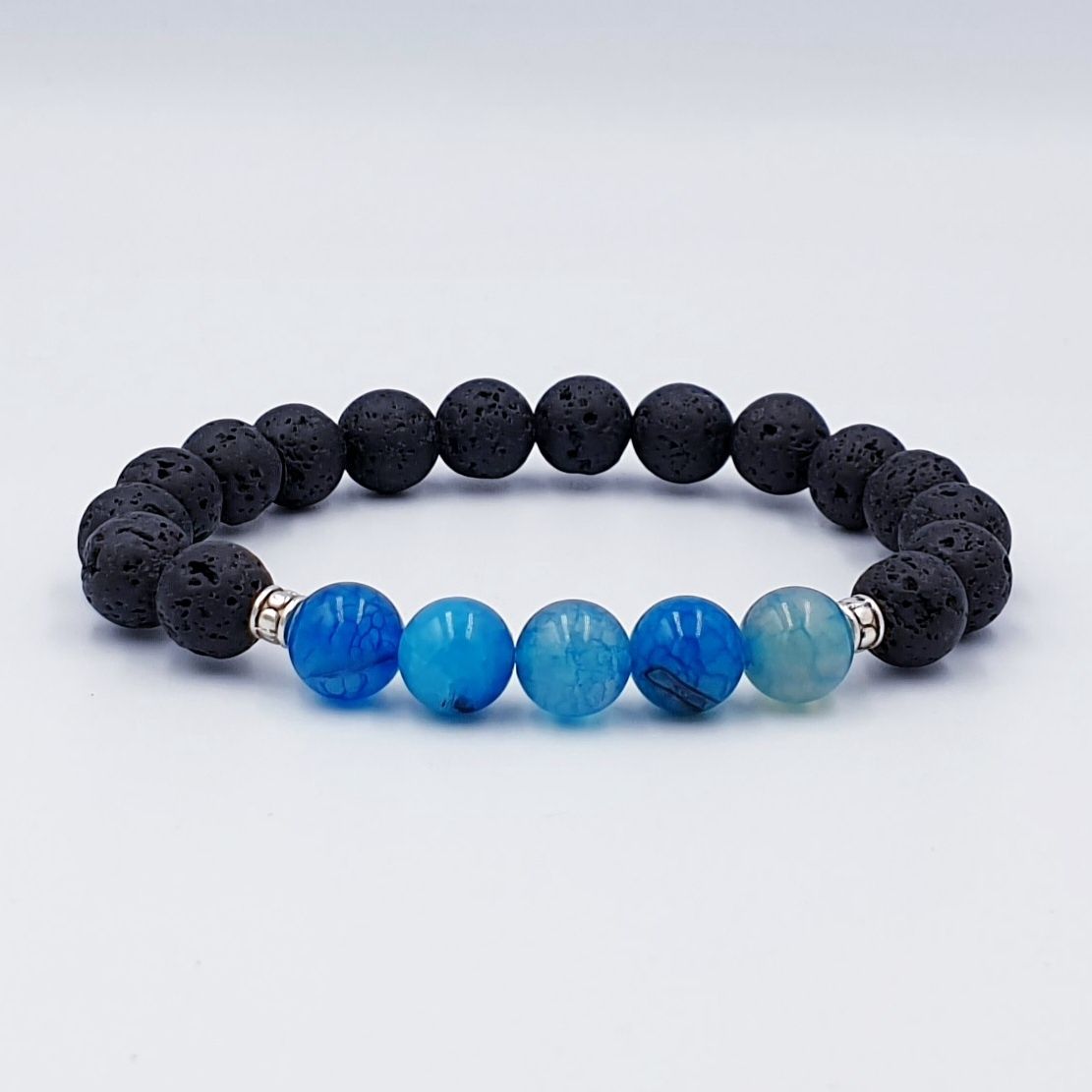 Black Lava Stone and Blue Dragon Vein Agate 8mm