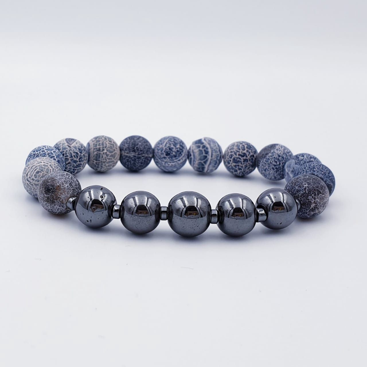 Matt Navy Blue Crackle Agate and Hematite 10mm