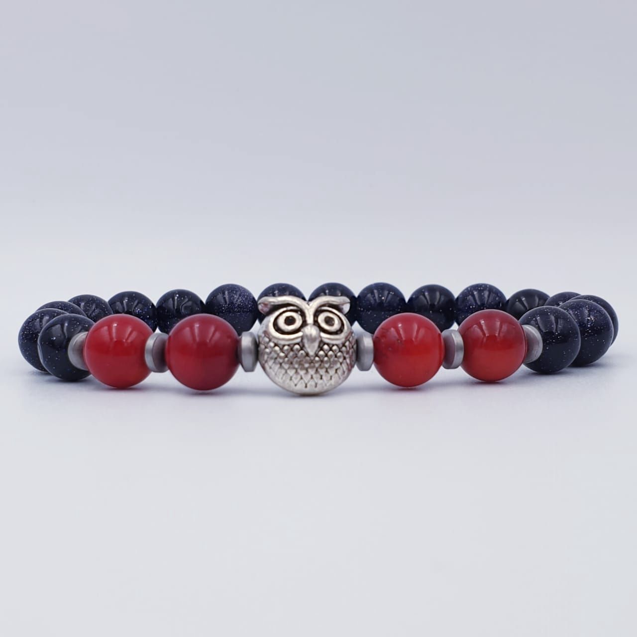 Blue Sandstone and Red Coral 8mm with Silver Hematite Spacers and Owl Charm