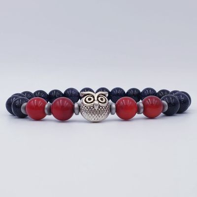 Blue Sandstone and Red Coral 8mm with Silver Hematite Spacers and Owl Charm