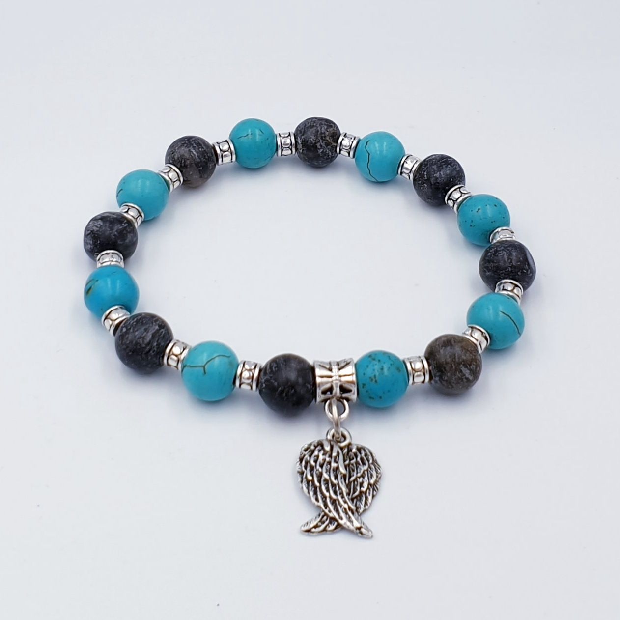 Turquoise Howlite with Natural Labradorite 8mm Angel Wing Crossover Charm