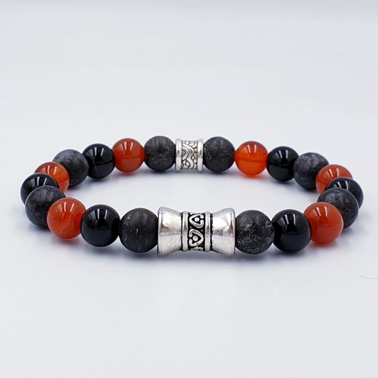 Natural Labradorite with Obsidian and Carnelian 8mm Silver Tibetan Charm