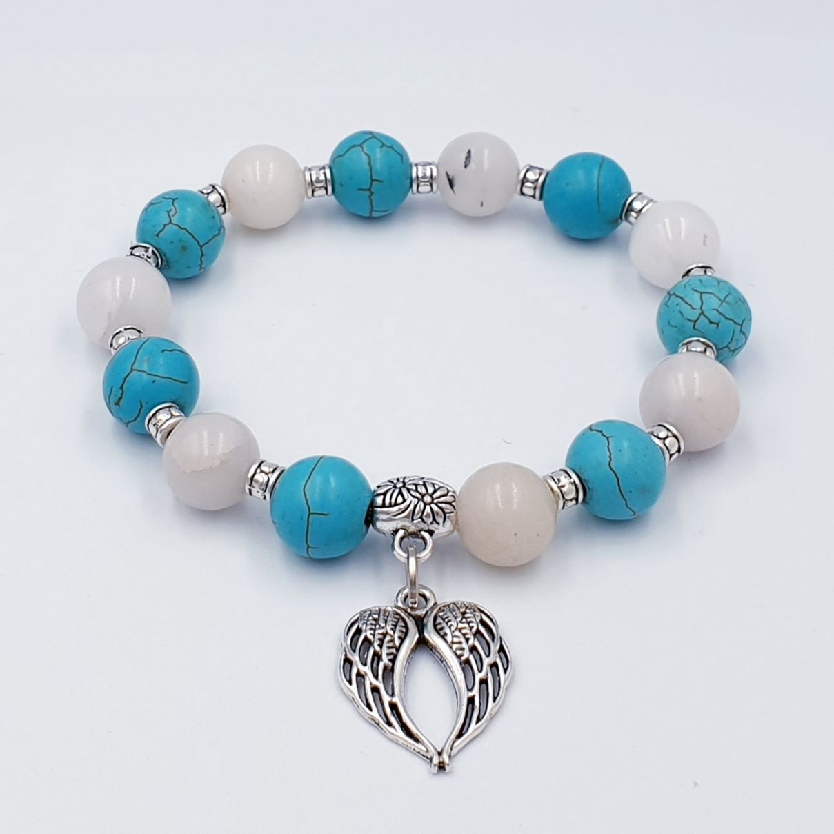Moonstone with Turquoise Howlite 10mm Angel Wing Crossover Charm