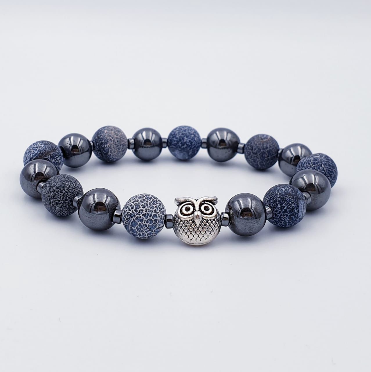 Matt Navy Blue Crackle Agate and Hematite 10mm with Owl Charm