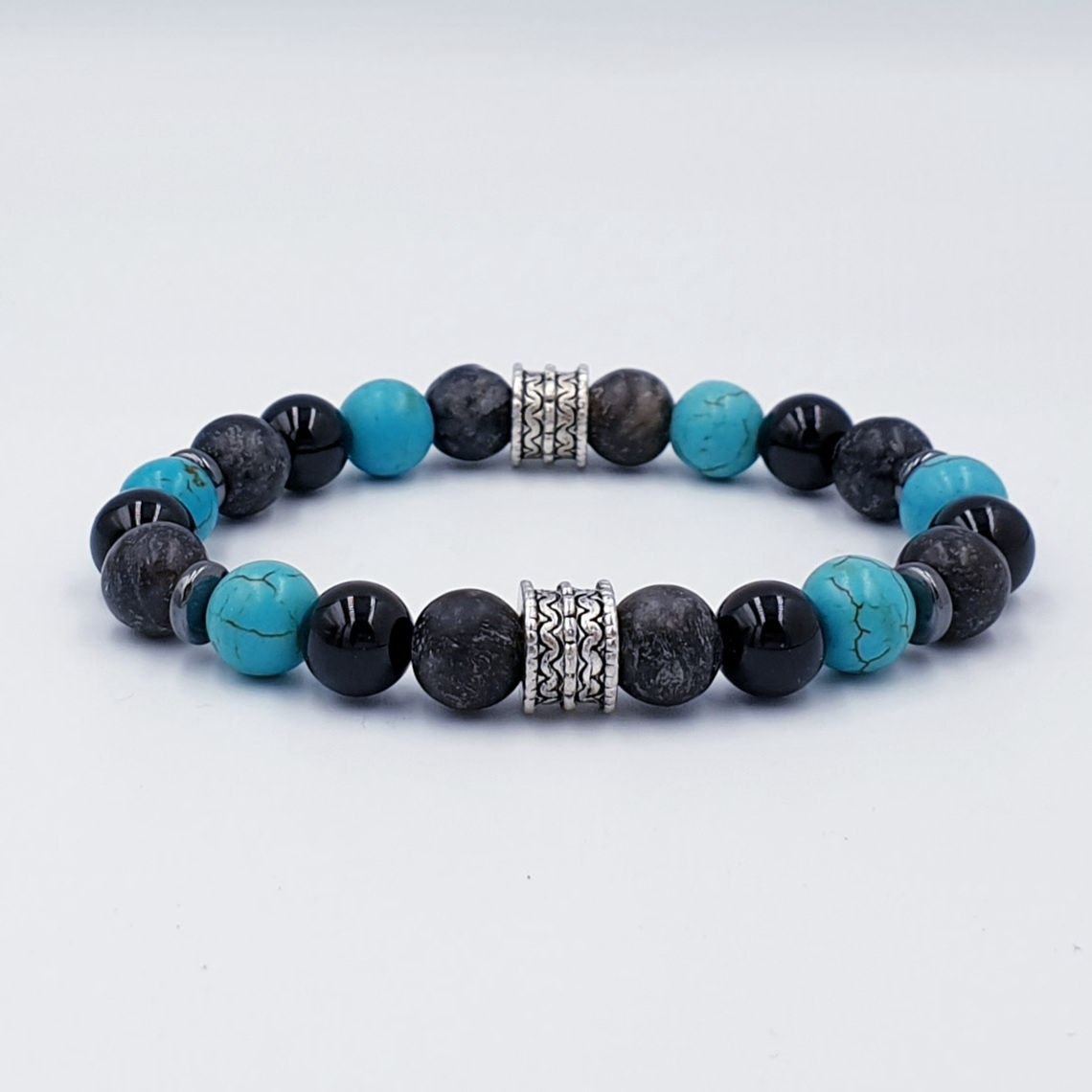Natural Labradorite with Obsidian and Turquoise Howlite 8mm Double Wave Wheel Charms