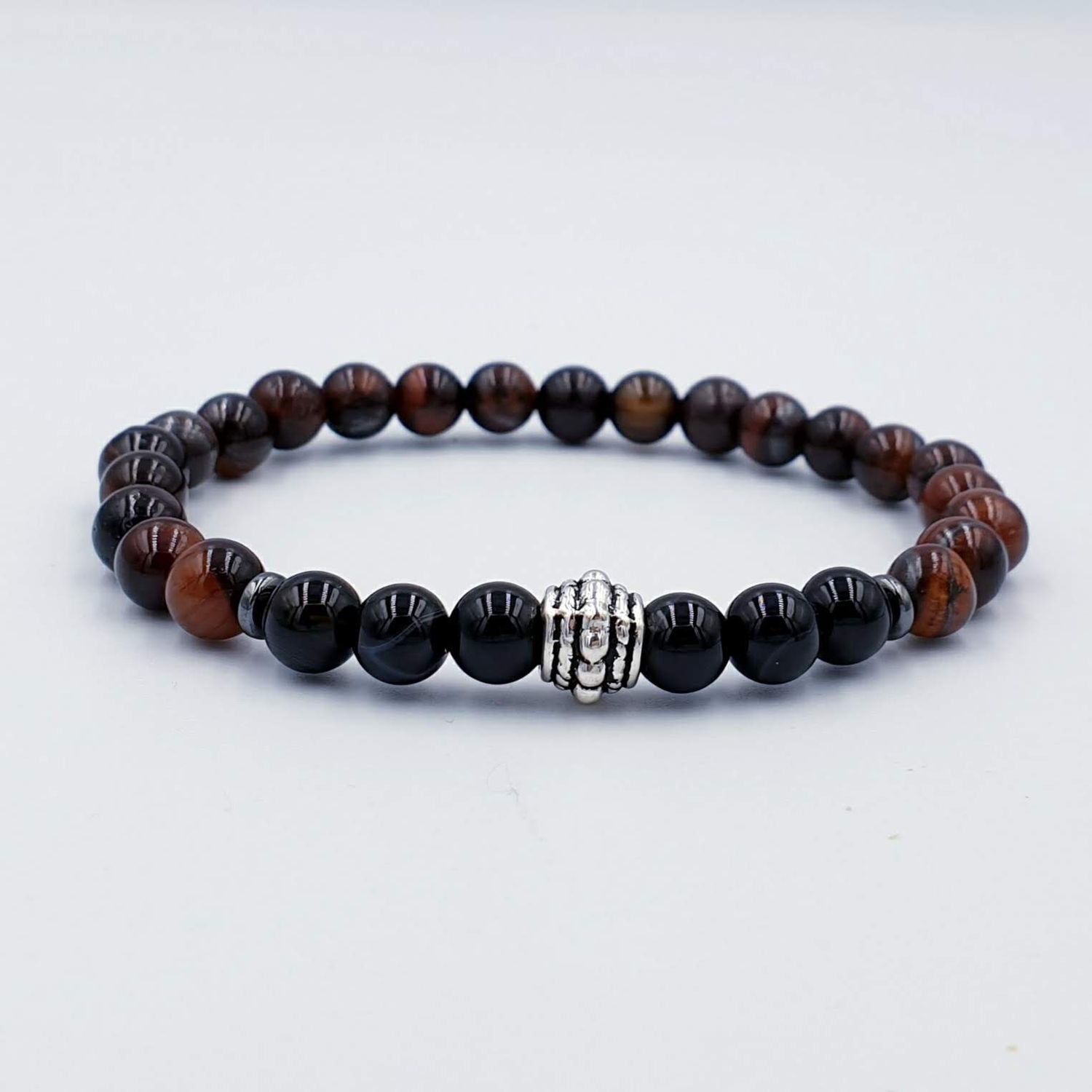 Red Tigers Eye with Obsidian 6mm Tibetan Charm