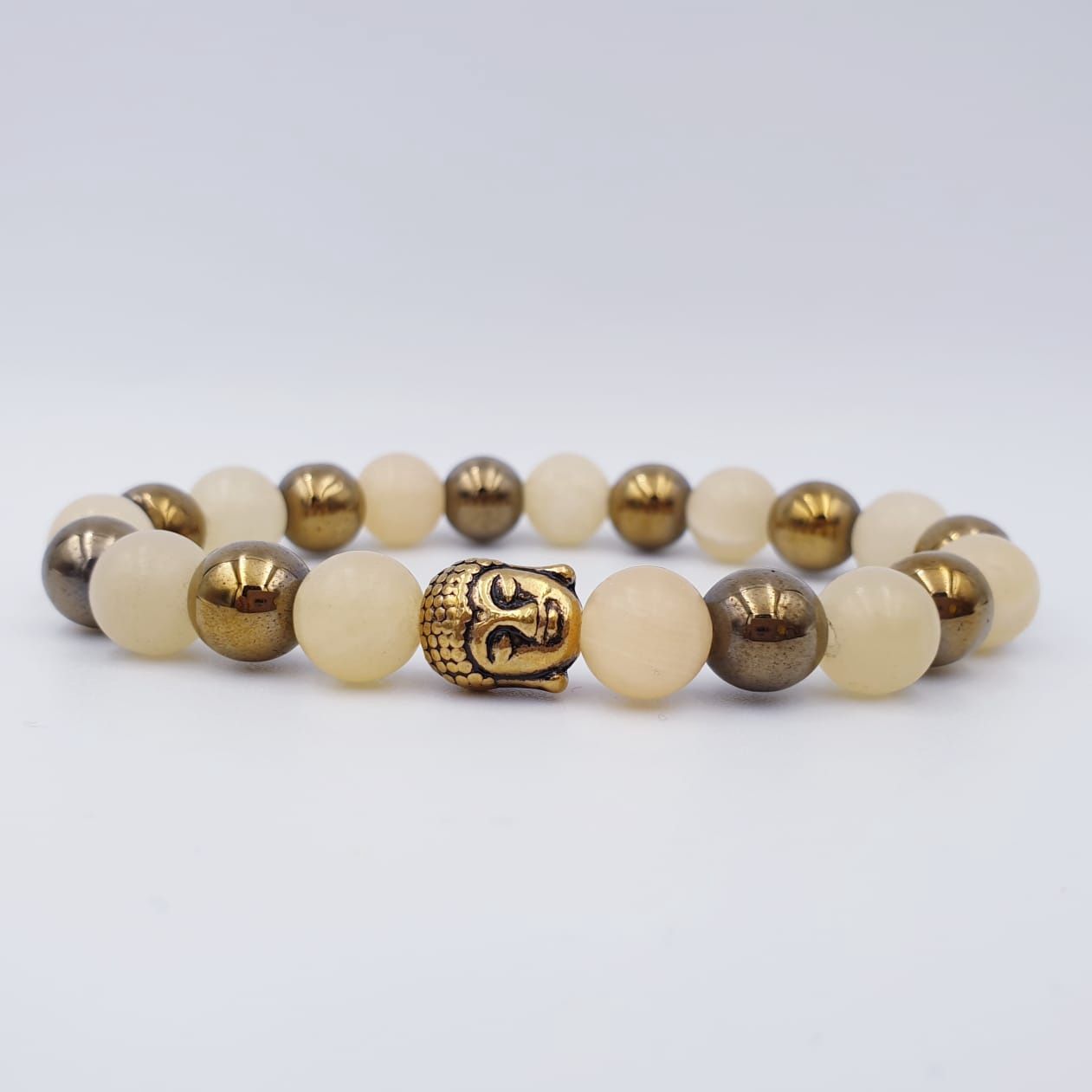 Yellow Calcite and Gold Hematite 8mm with Gold Buddha Charm