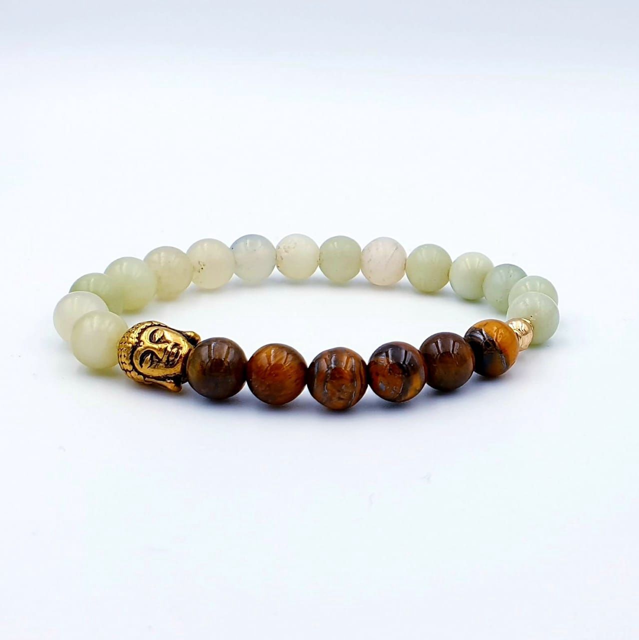 Light Green Serpentine and Tigers Eye 8mm with Gold Buddha Charm