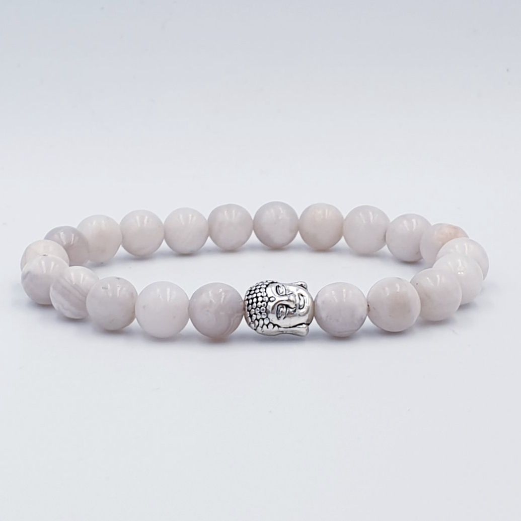 White Crazy Lace Agate 8mm with Buddha Charm