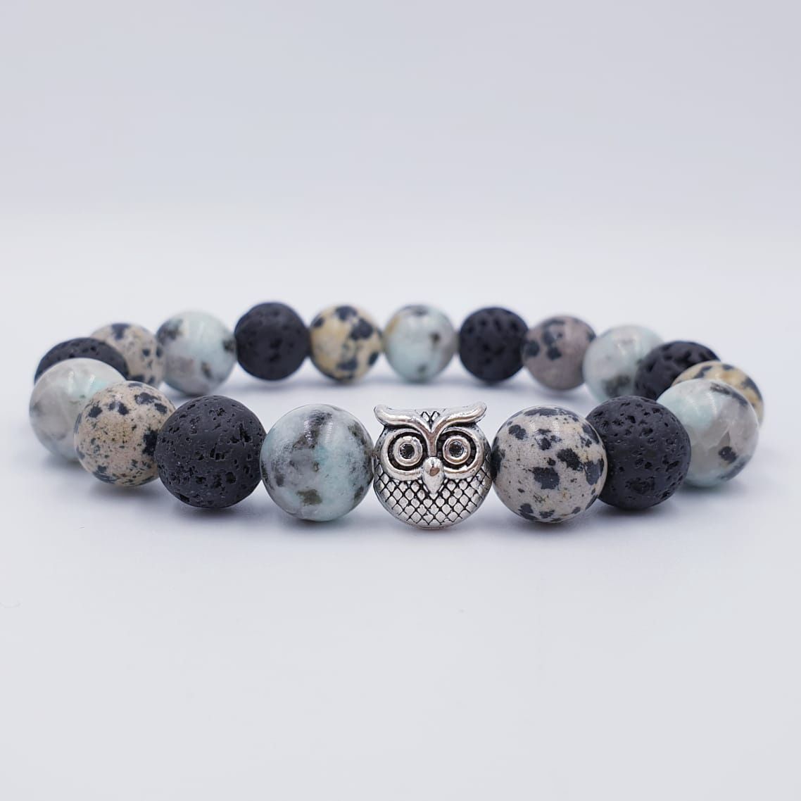 Kiwi Jasper Black Lava Stone and Dalmation Jasper 10mm with Owl Charm