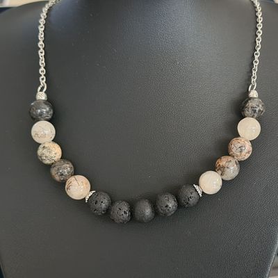 Rutilated Quartz with Black Lava Stone on Stainless Steel Necklace + Extender