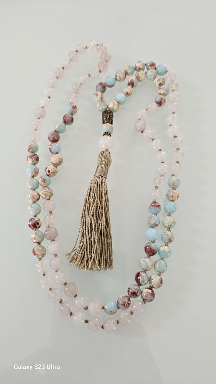 Aqua Terra Jasper and Rose Quartz 8mm Knotted Gemstone Mala