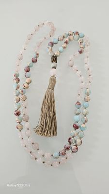 Aqua Terra Jasper and Rose Quartz 8mm Knotted Gemstone Mala