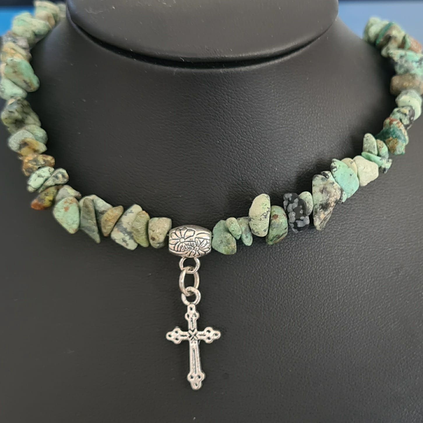 African Turquoise Gemstone Chip Necklace with Cross Drop Charm + Extender