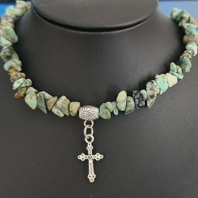 African Turquoise Gemstone Chip Necklace with Cross Drop Charm + Extender