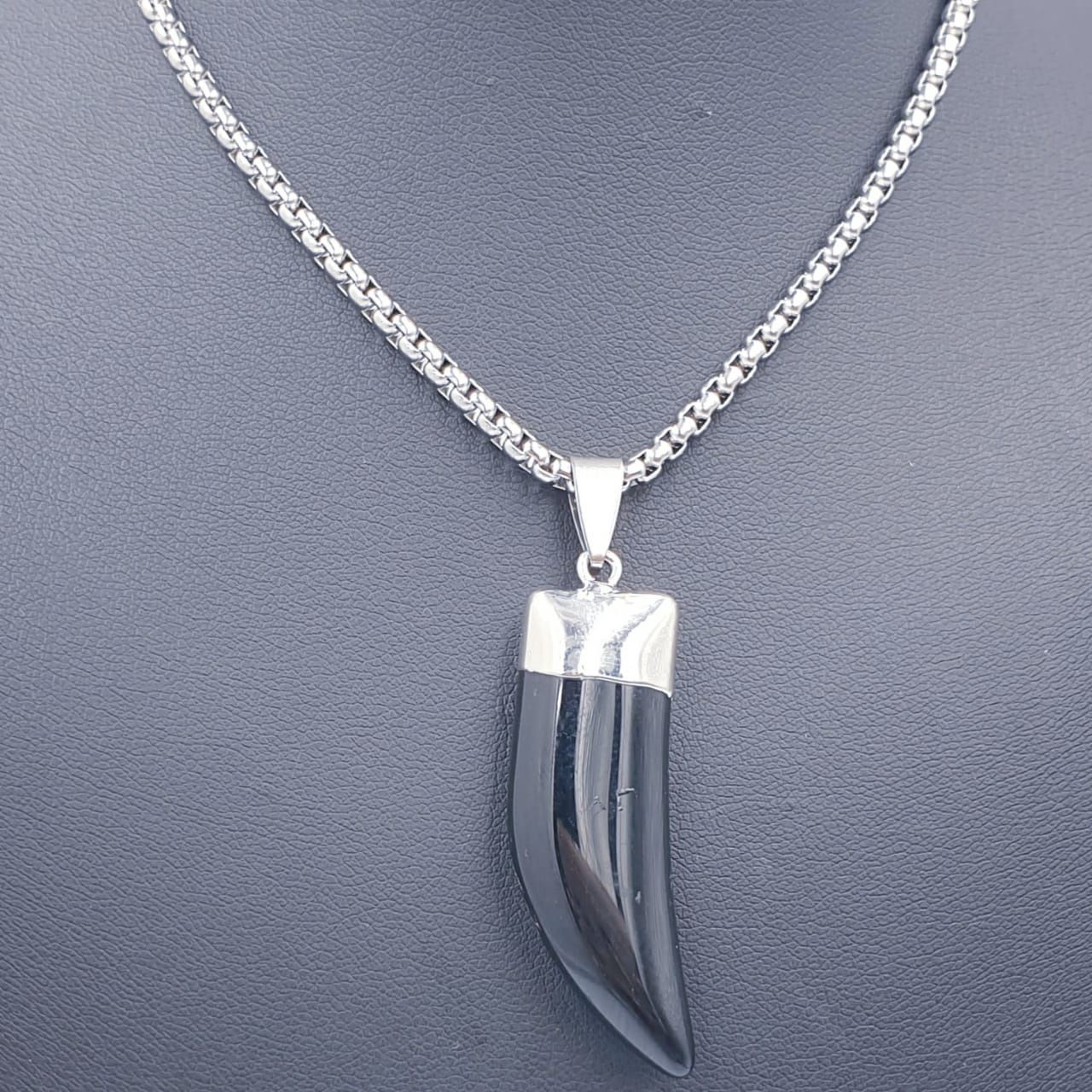 Onyx Horn Pendant on Stainless Steel Block Necklace 60cm
