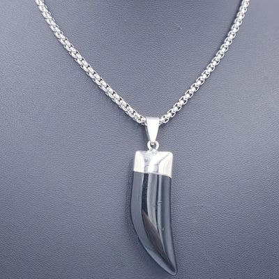 Onyx Horn Pendant on Stainless Steel Block Necklace 60cm