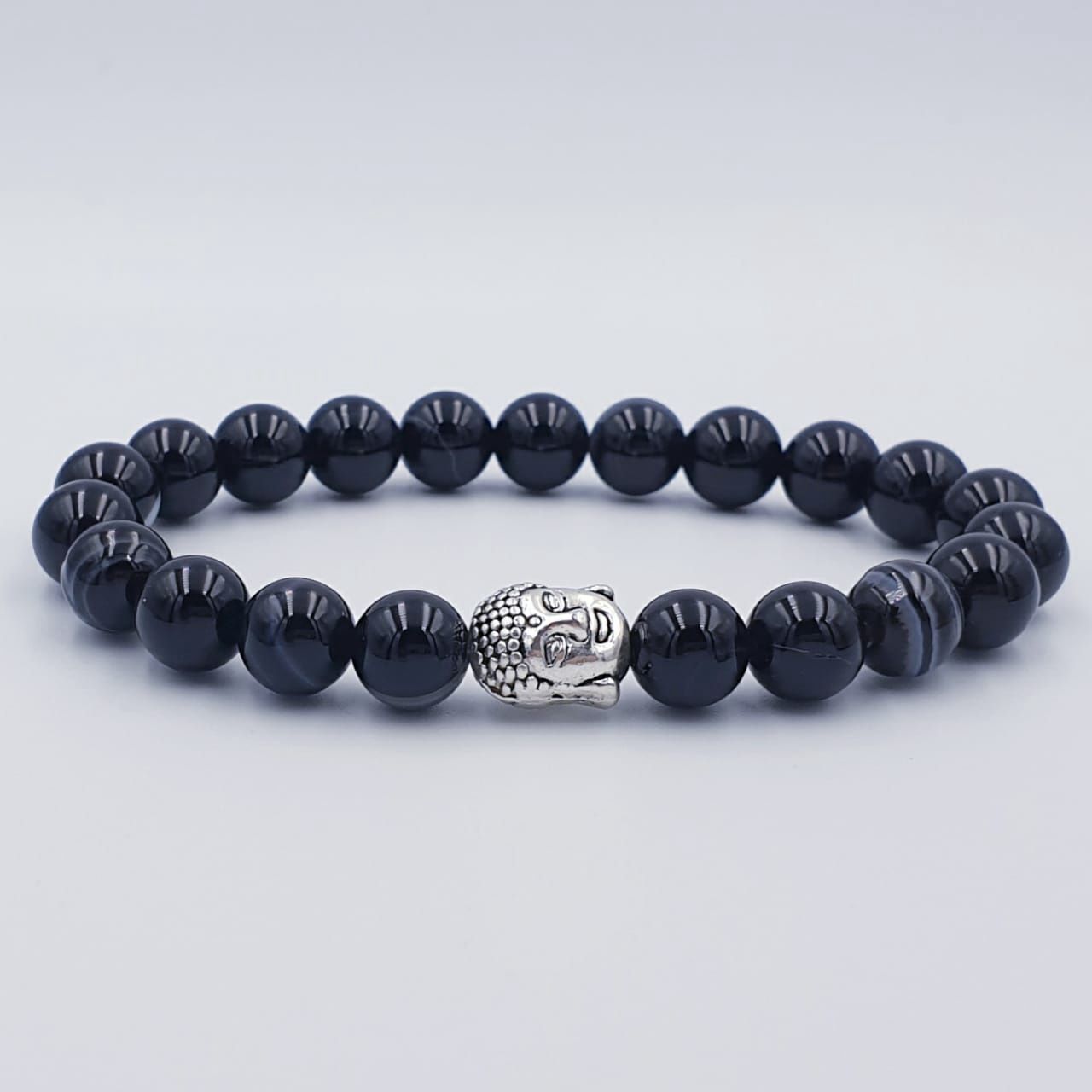 Black Banded Agate 8mm with Buddha Charm