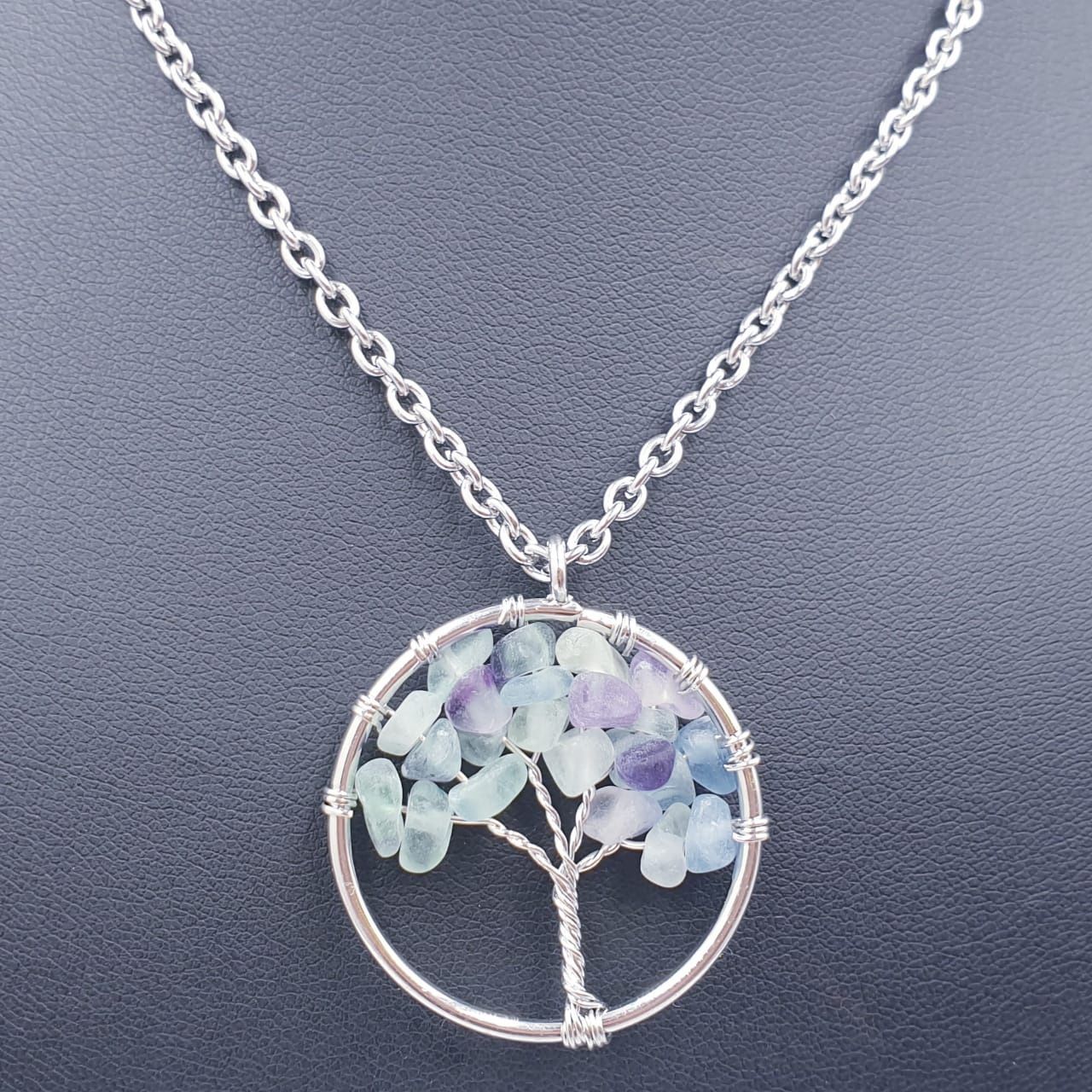 Fluorite Tree of Life Chip Pendant on Stainless Steel Necklace 50cm