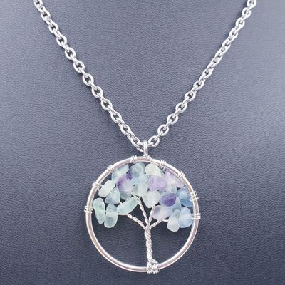 Fluorite Tree of Life Chip Pendant on Stainless Steel Necklace 50cm
